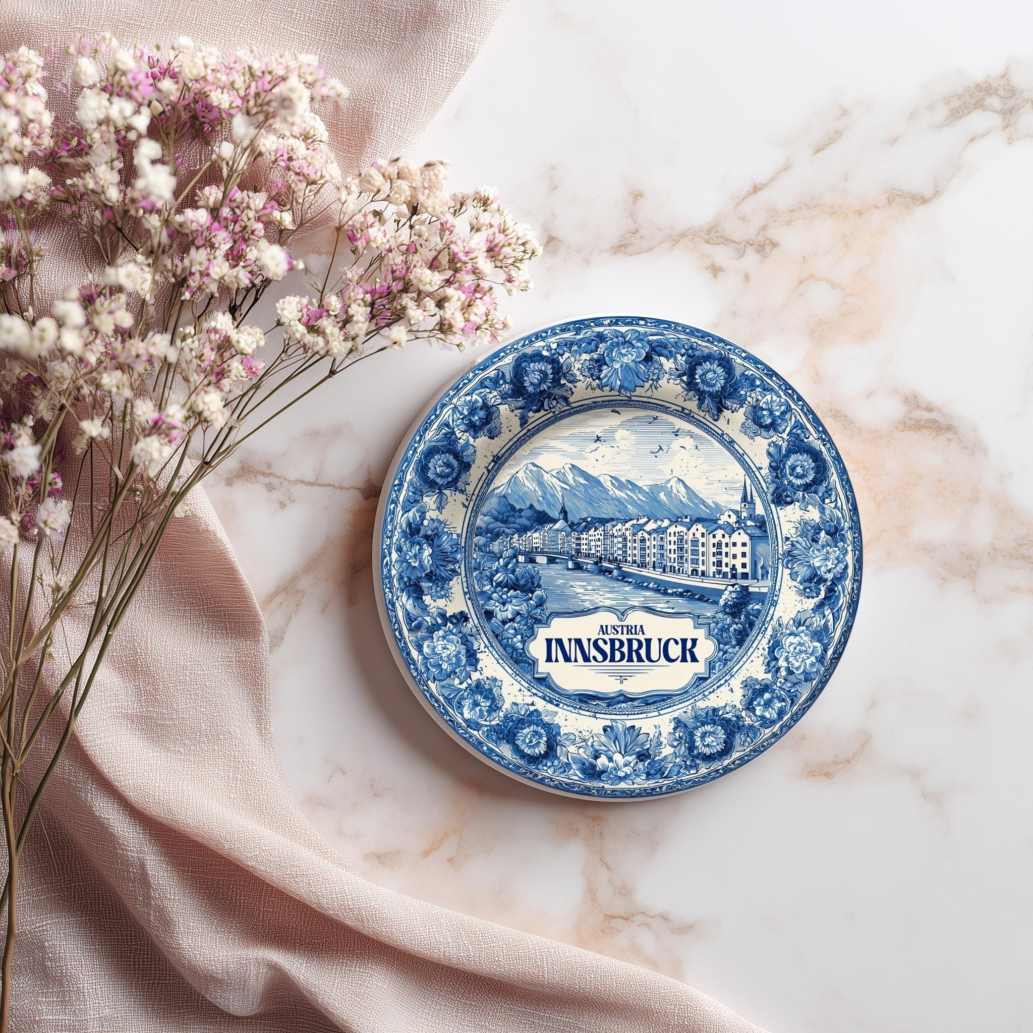 Innsbruck Austria Delftware Ceramic Coaster, Blue White Travel Gift, Vintage Home Decor Collectible - CuteBeePix