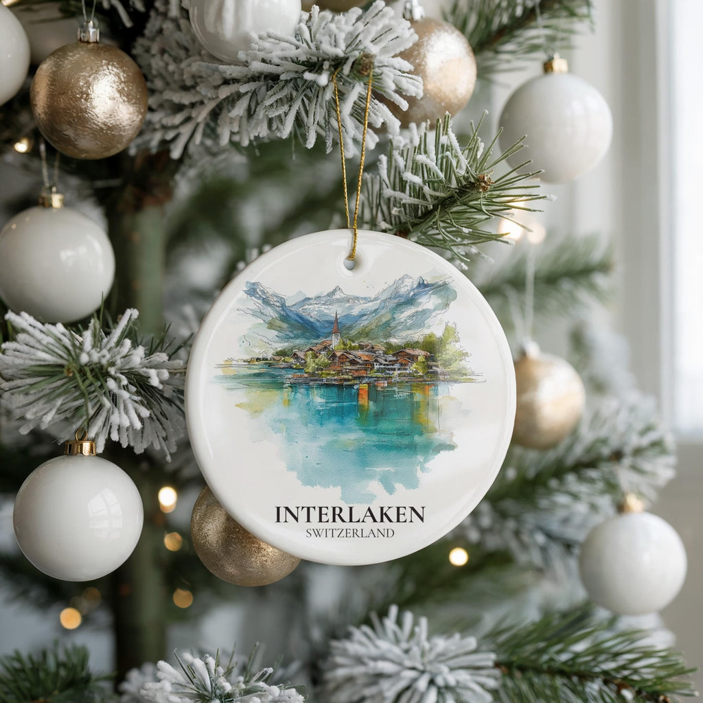 Interlaken Switzerland Personalized Watercolor Ornament, Custom Ceramic Christmas gift, Travel Keepsake - CuteBeePix