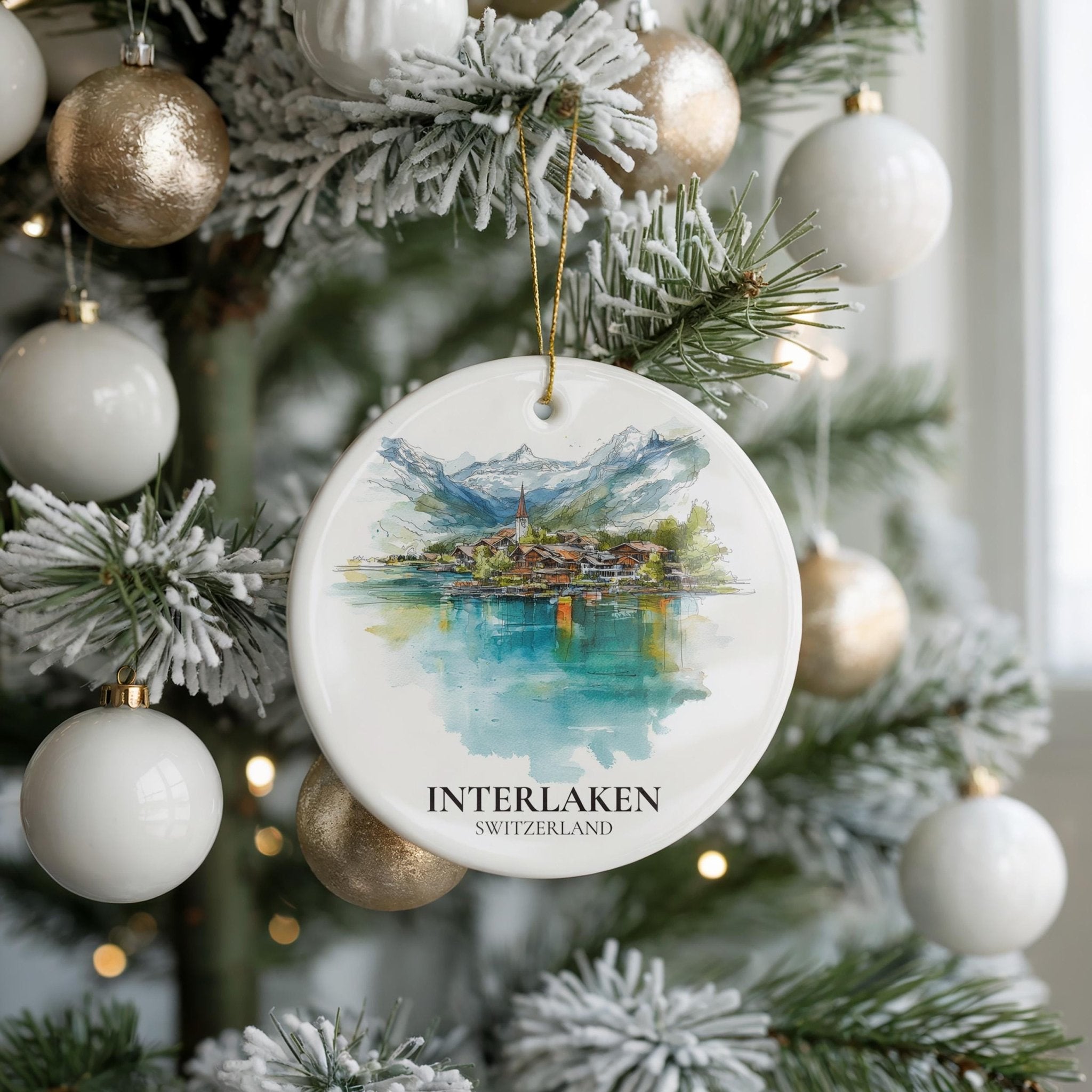 Interlaken Switzerland Personalized Watercolor Ornament, Custom Ceramic Christmas gift, Travel Keepsake - CuteBeePix