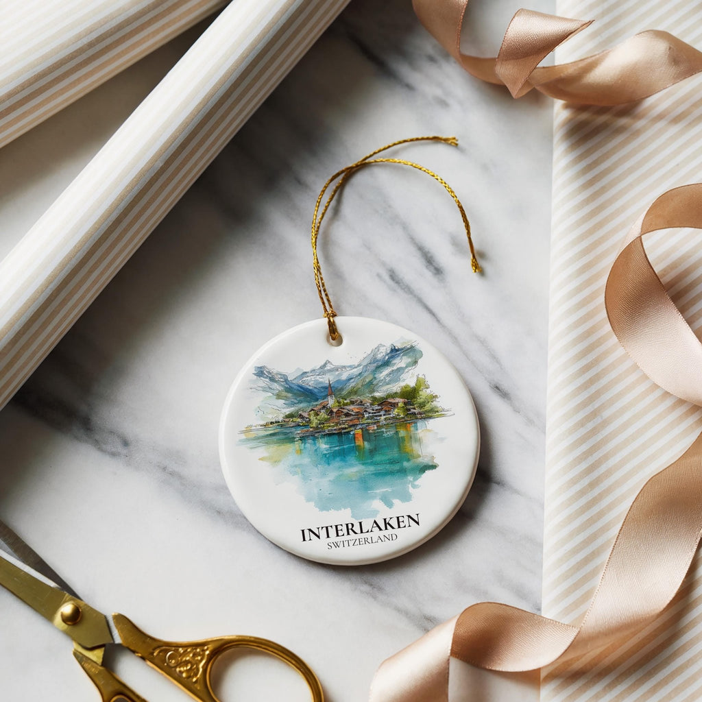 Interlaken Switzerland Personalized Watercolor Ornament, Custom Ceramic Christmas gift, Travel Keepsake - CuteBeePix
