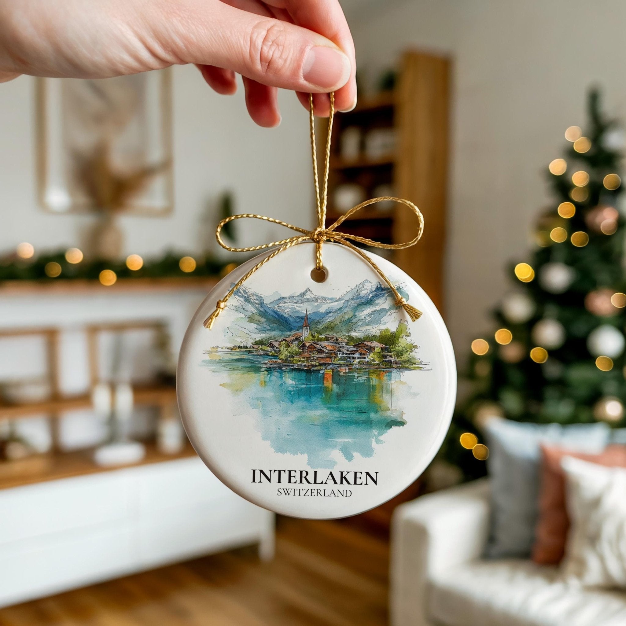 Interlaken Switzerland Personalized Watercolor Ornament, Custom Ceramic Christmas gift, Travel Keepsake - CuteBeePix