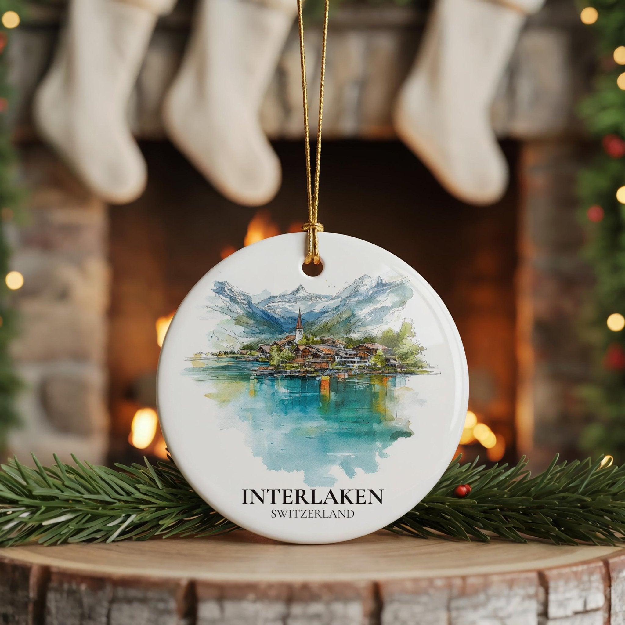 Interlaken Switzerland Personalized Watercolor Ornament, Custom Ceramic Christmas gift, Travel Keepsake - CuteBeePix