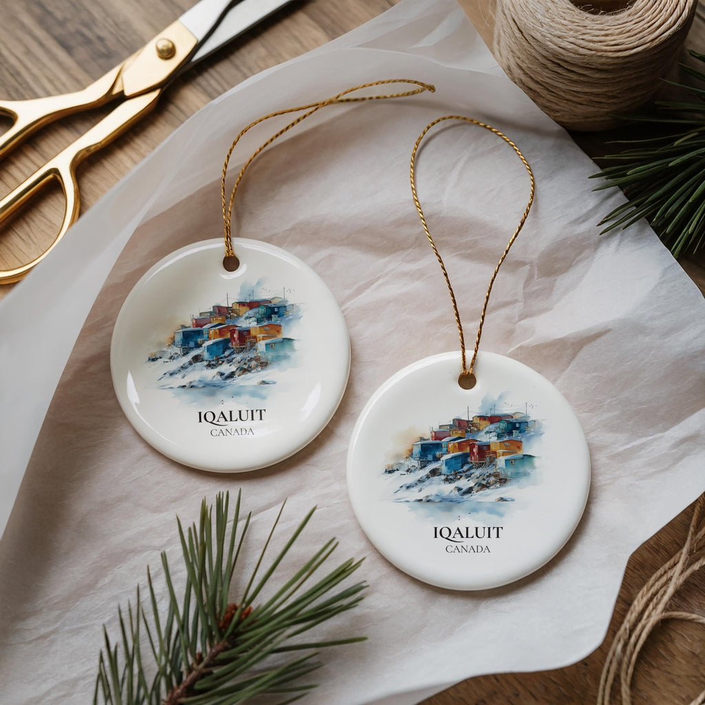 Iqaluit Nunavut Personalized Watercolor Ornament, Custom Ceramic Christmas gift, Travel Keepsake - CuteBeePix