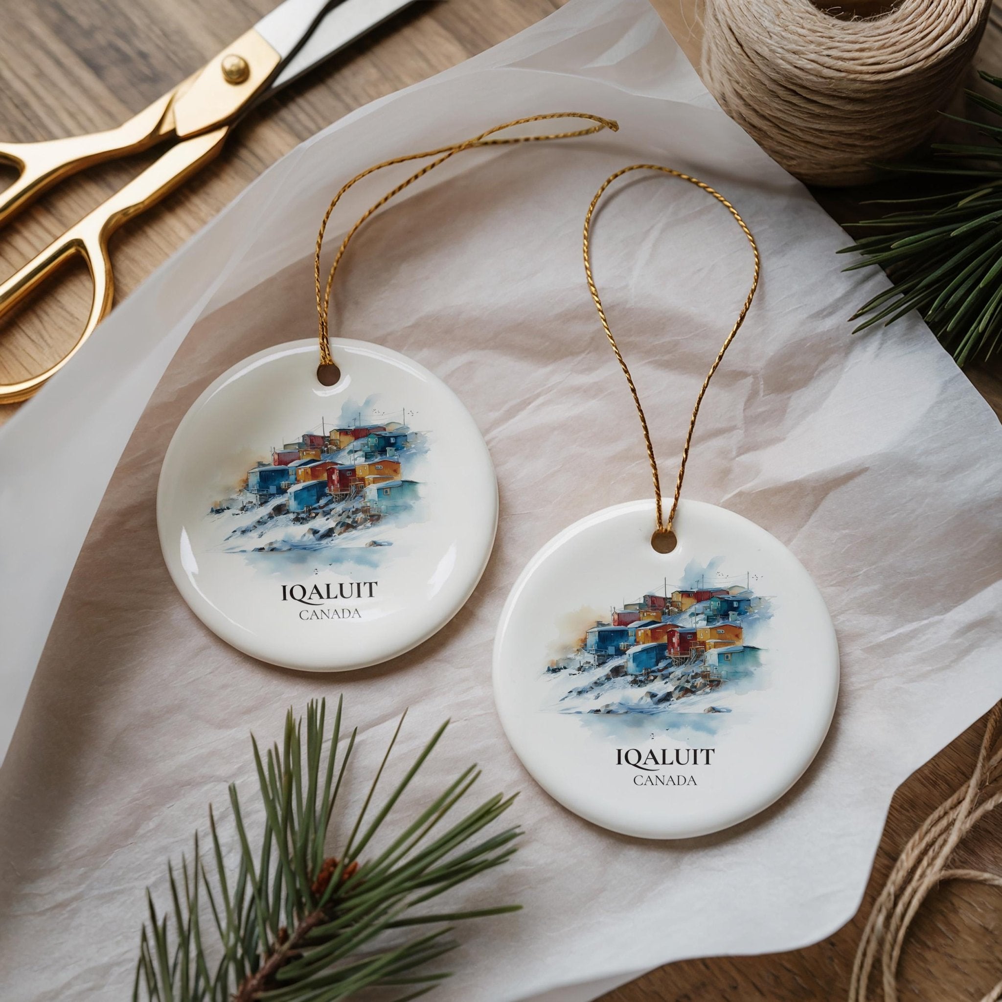 Iqaluit Nunavut Personalized Watercolor Ornament, Custom Ceramic Christmas gift, Travel Keepsake - CuteBeePix