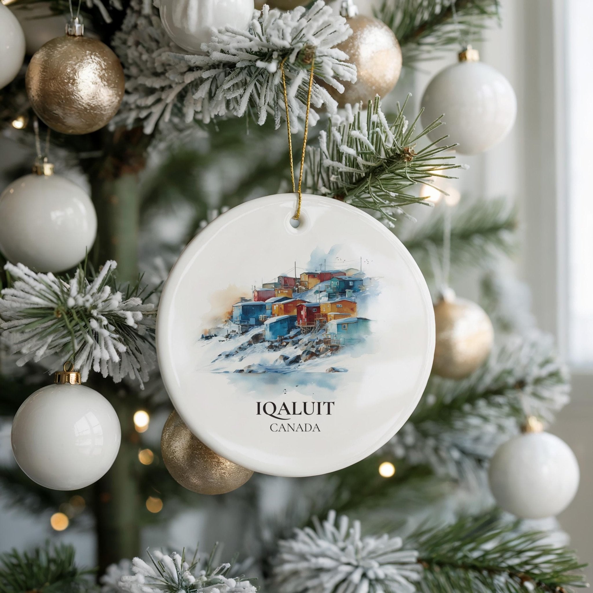 Iqaluit Nunavut Personalized Watercolor Ornament, Custom Ceramic Christmas gift, Travel Keepsake - CuteBeePix