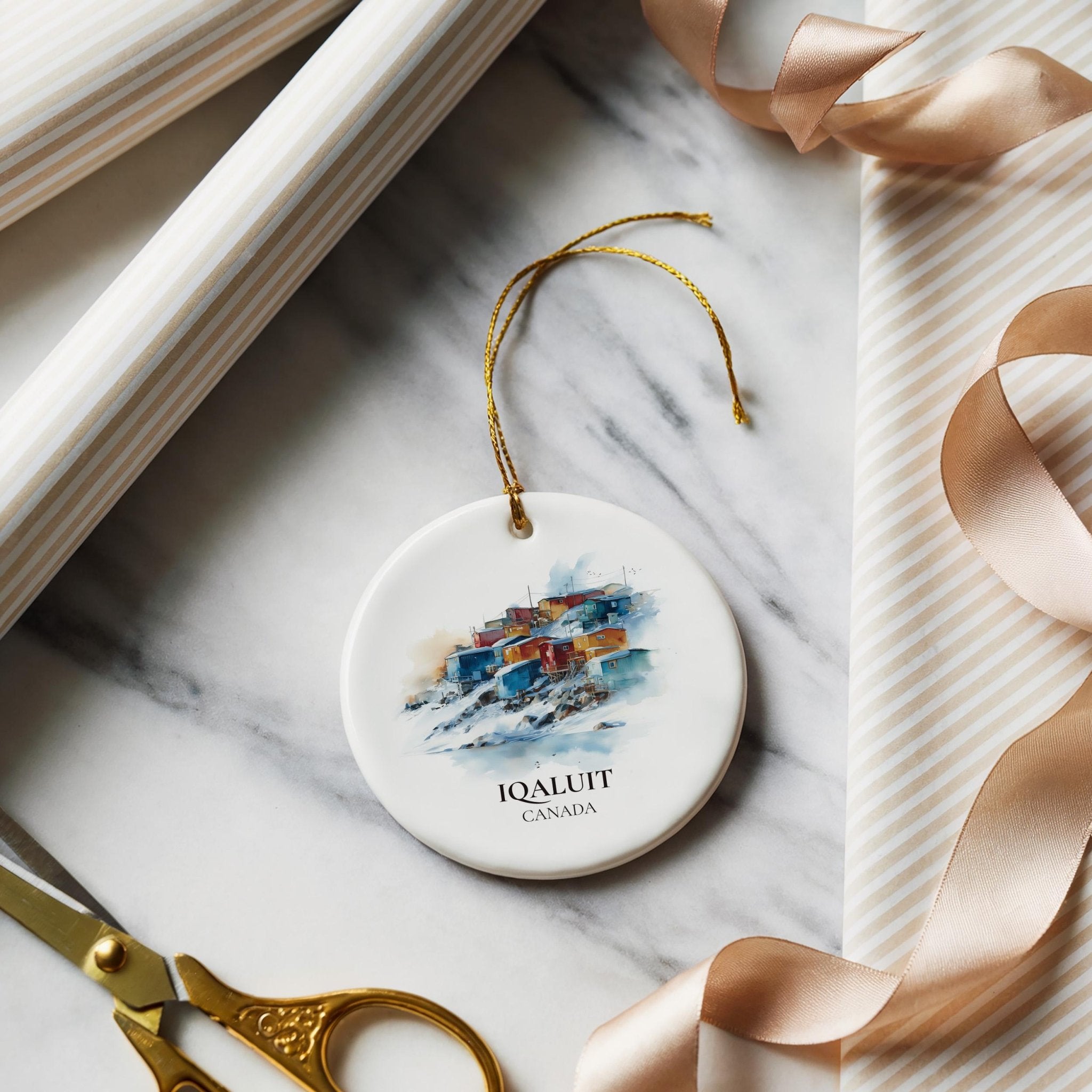 Iqaluit Nunavut Personalized Watercolor Ornament, Custom Ceramic Christmas gift, Travel Keepsake - CuteBeePix