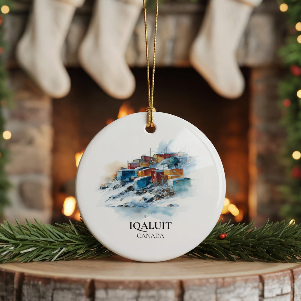 Iqaluit Nunavut Personalized Watercolor Ornament, Custom Ceramic Christmas gift, Travel Keepsake - CuteBeePix