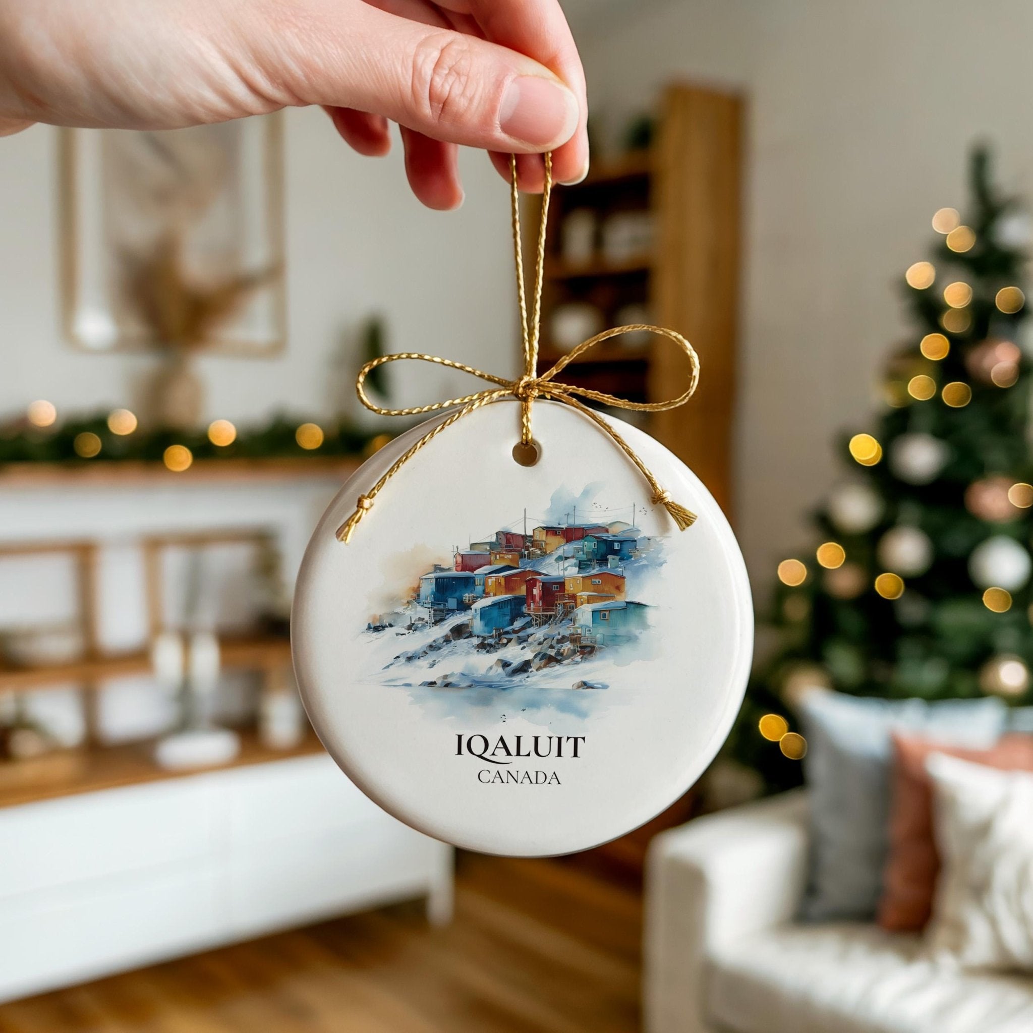 Iqaluit Nunavut Personalized Watercolor Ornament, Custom Ceramic Christmas gift, Travel Keepsake - CuteBeePix