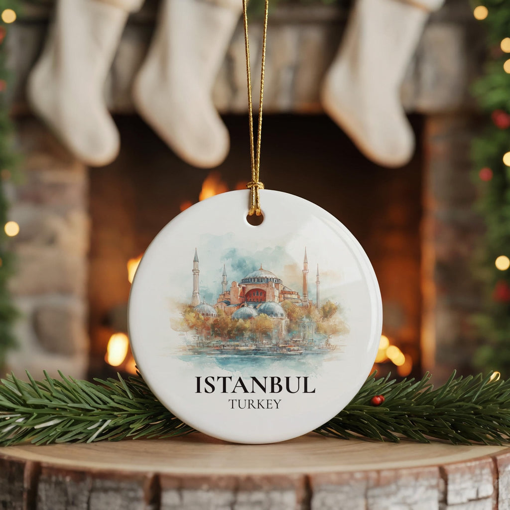 Istanbul Turkey Custom Watercolor Ornament, Personalized Ceramic Christmas gift, Travel Keepsake - CuteBeePix