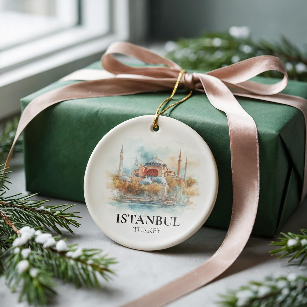 Istanbul Turkey Custom Watercolor Ornament, Personalized Ceramic Christmas gift, Travel Keepsake - CuteBeePix