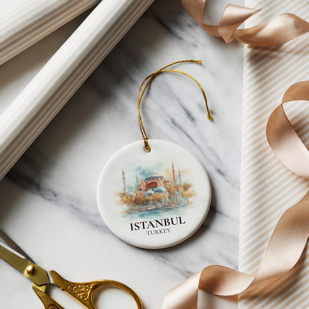 Istanbul Turkey Custom Watercolor Ornament, Personalized Ceramic Christmas gift, Travel Keepsake - CuteBeePix