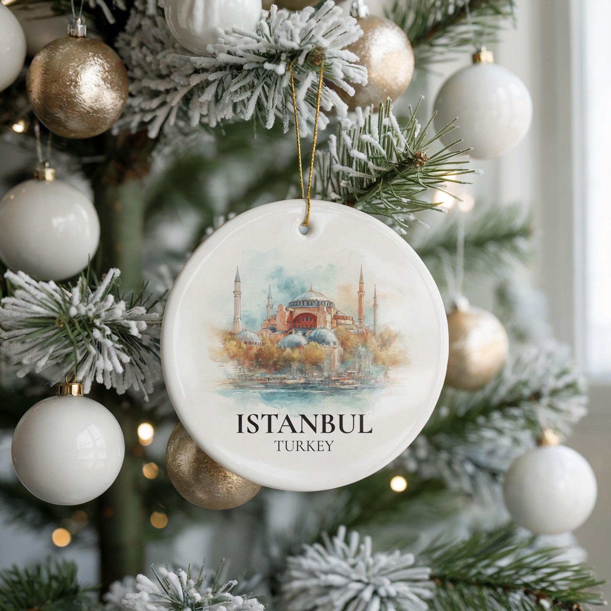 Istanbul Turkey Custom Watercolor Ornament, Personalized Ceramic Christmas gift, Travel Keepsake - CuteBeePix