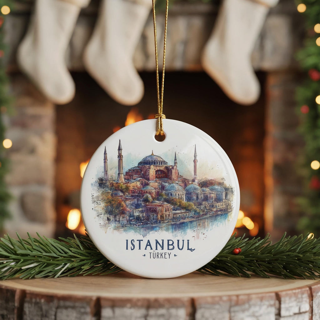 Istanbul Turkey Personalized Watercolor Ornament, Custom Ceramic Christmas gift, Travel Keepsake - CuteBeePix