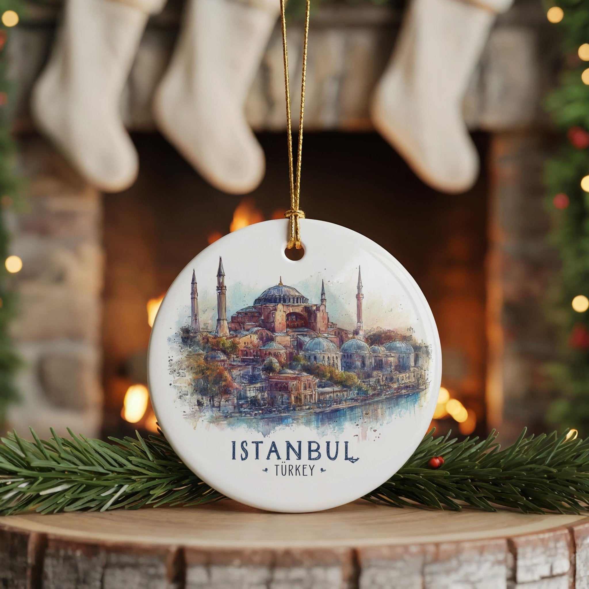 Istanbul Turkey Personalized Watercolor Ornament, Custom Ceramic Christmas gift, Travel Keepsake - CuteBeePix