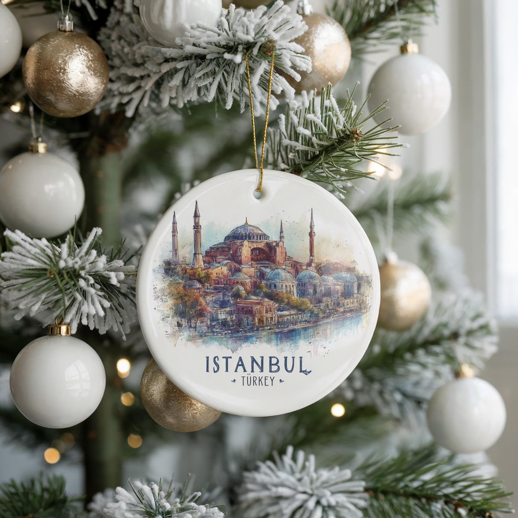Istanbul Turkey Personalized Watercolor Ornament, Custom Ceramic Christmas gift, Travel Keepsake - CuteBeePix