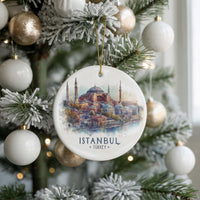 Istanbul Turkey Personalized Watercolor Ornament, Custom Ceramic Christmas gift, Travel Keepsake - CuteBeePix