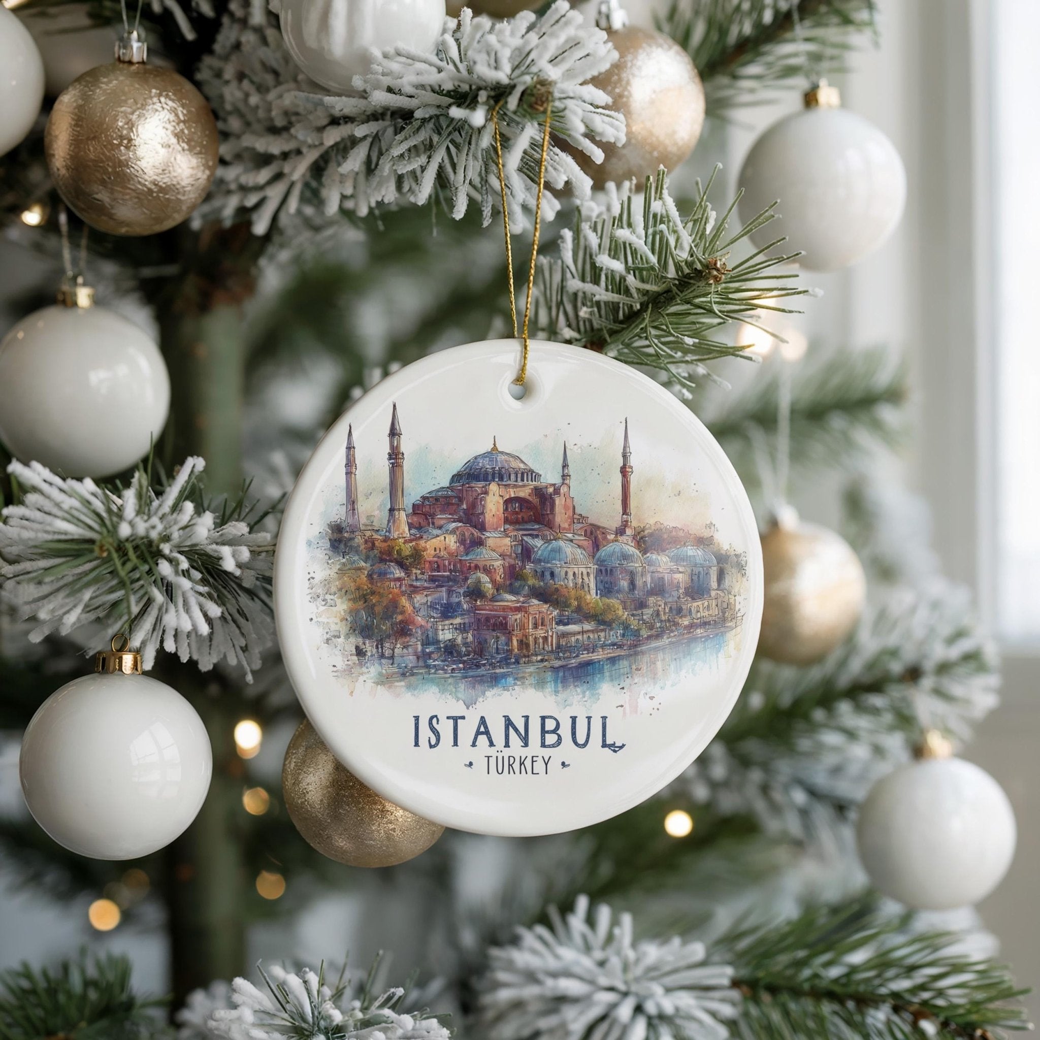 Istanbul Turkey Personalized Watercolor Ornament, Custom Ceramic Christmas gift, Travel Keepsake - CuteBeePix
