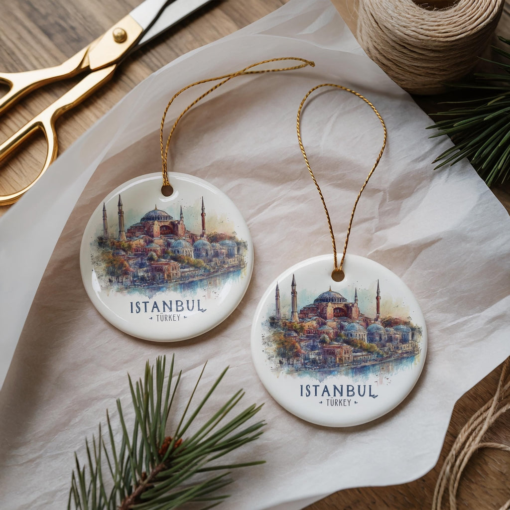 Istanbul Turkey Personalized Watercolor Ornament, Custom Ceramic Christmas gift, Travel Keepsake - CuteBeePix