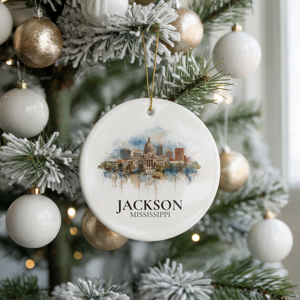 Jackson Mississippi Personalized Watercolor Ornament, Custom Ceramic Christmas gift, Travel Keepsake - CuteBeePix