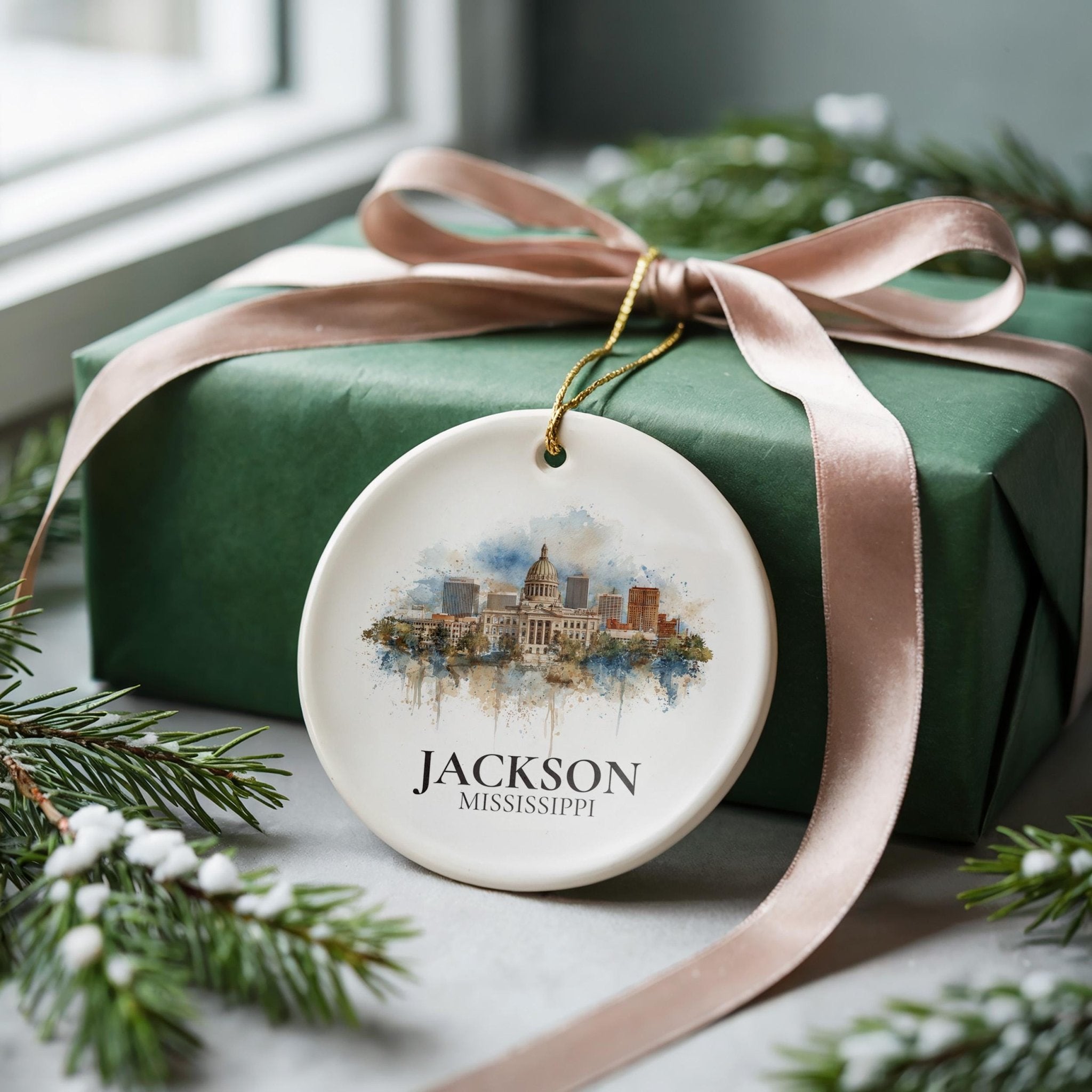 Jackson Mississippi Personalized Watercolor Ornament, Custom Ceramic Christmas gift, Travel Keepsake - CuteBeePix