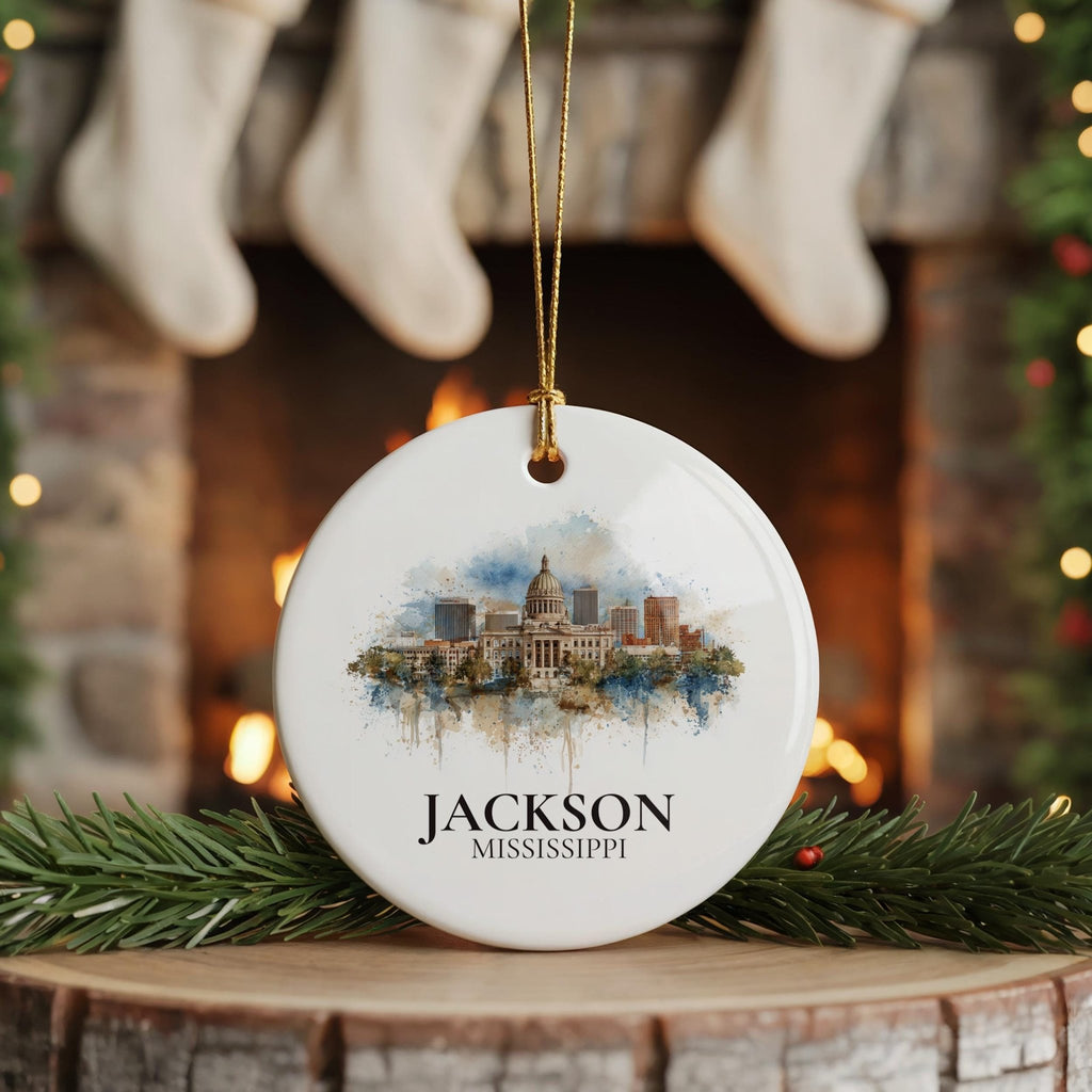 Jackson Mississippi Personalized Watercolor Ornament, Custom Ceramic Christmas gift, Travel Keepsake - CuteBeePix
