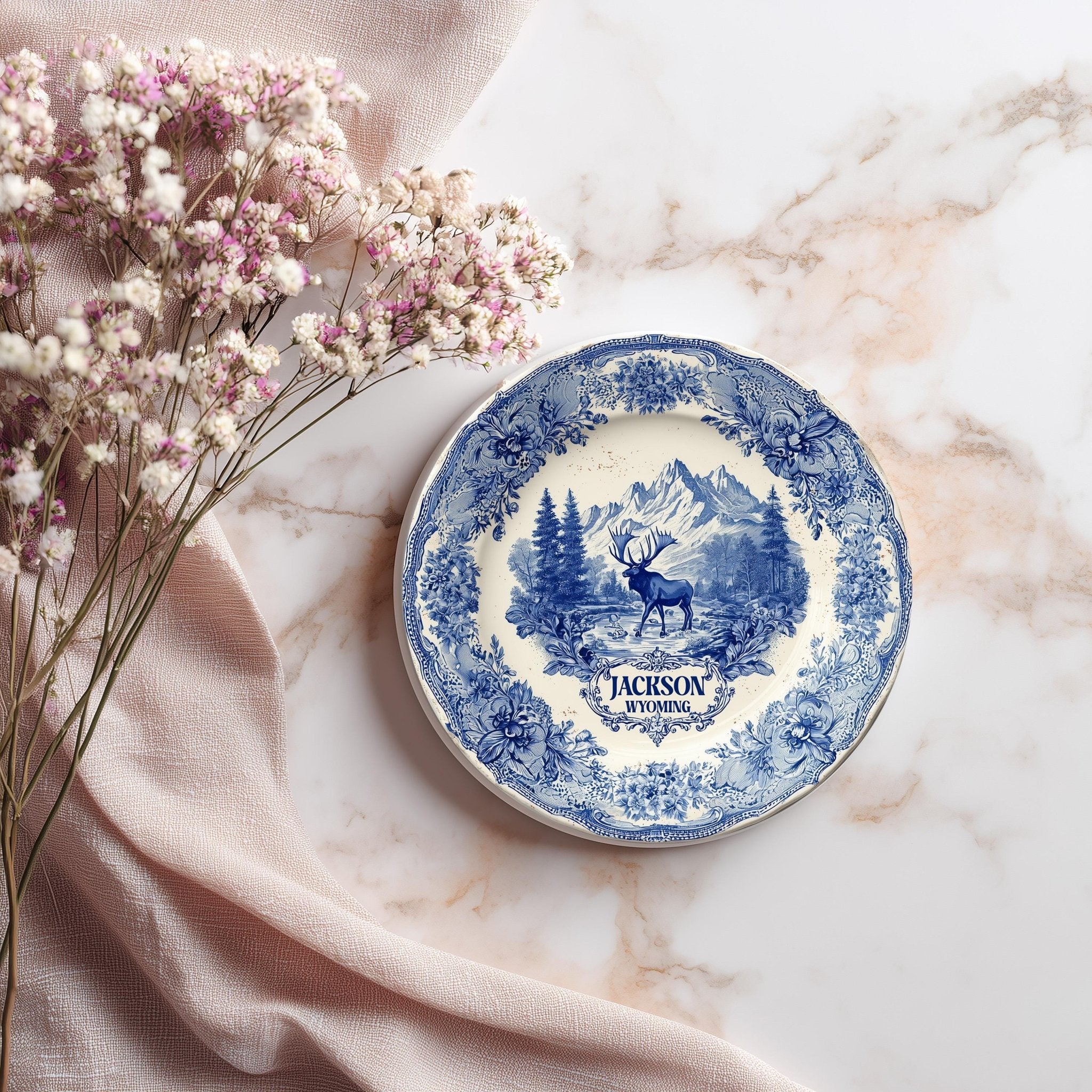 Jackson Wyoming Delftware Ceramic Coaster, Blue White Travel Gift, Vintage Home Decor Collectible - CuteBeePix