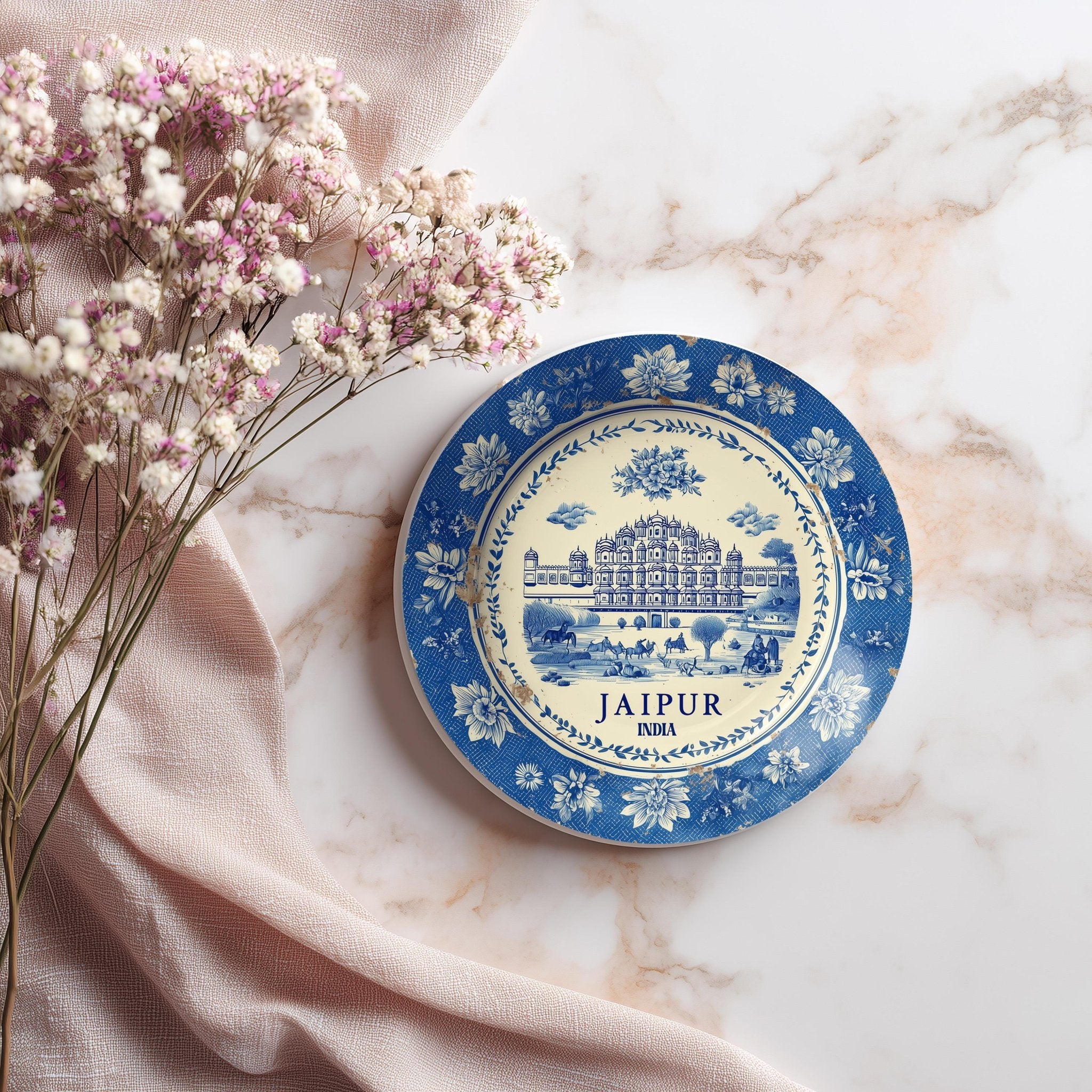 Jaipur India Delftware Ceramic Coaster, Blue White Travel Gift, Vintage Home Decor Collectible - CuteBeePix