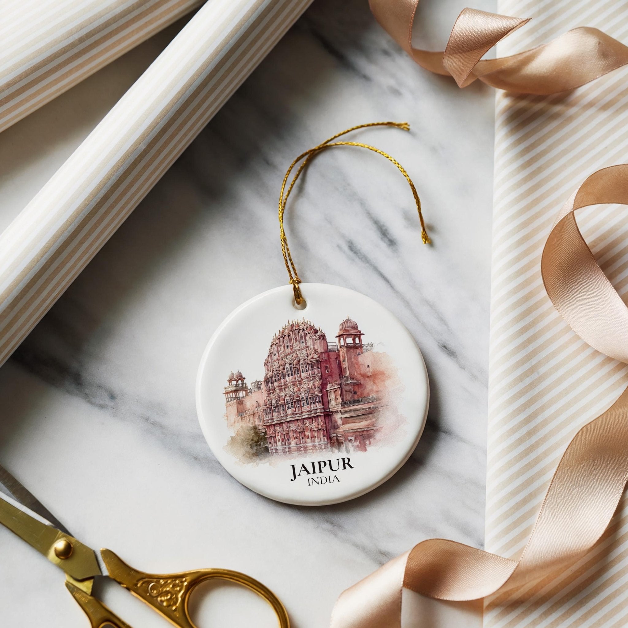 Jaipur India Personalized Watercolor Ornament, Custom Ceramic Christmas gift, Travel Keepsake - CuteBeePix