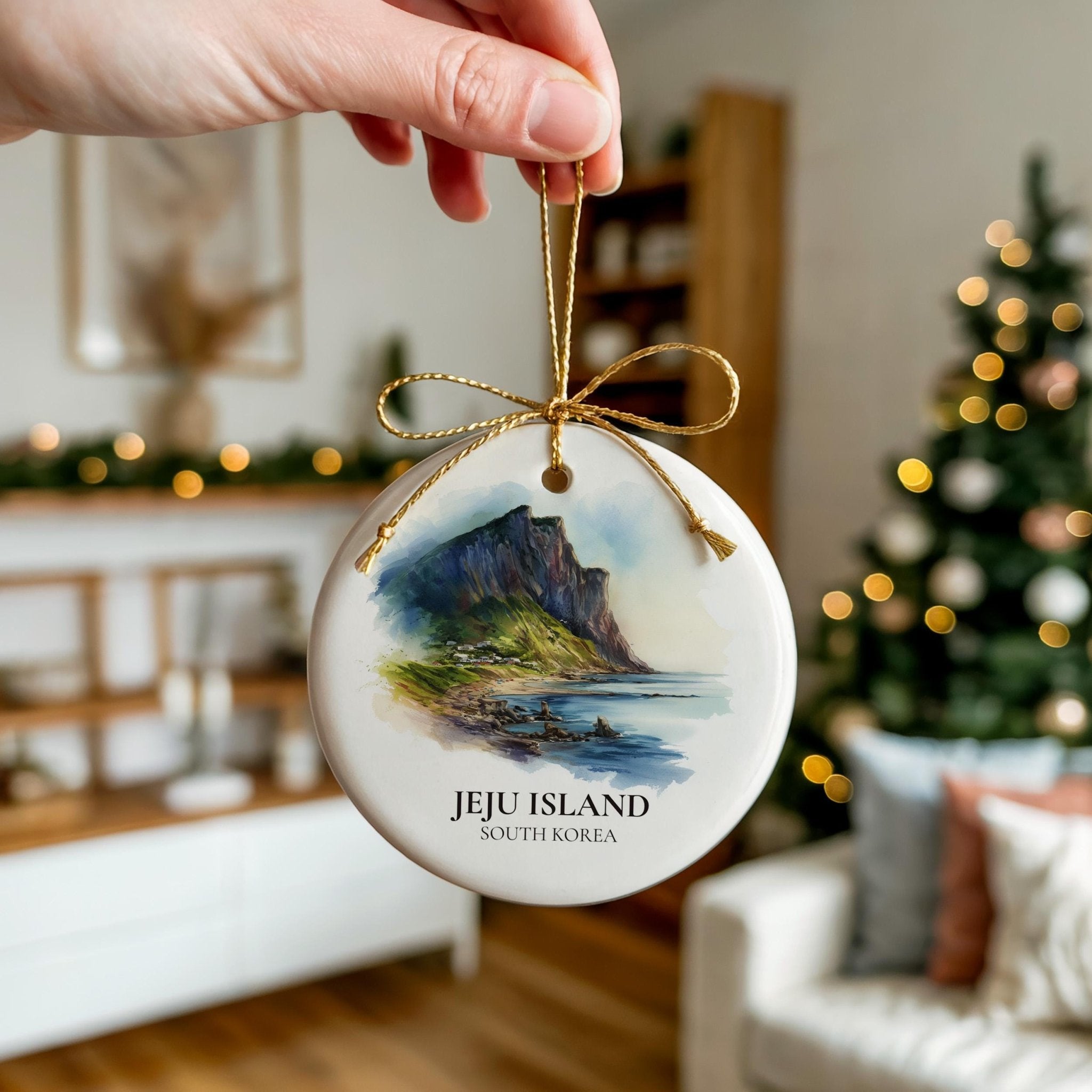 Jeju Island South Korea Personalized Watercolor Ornament, Custom Ceramic Christmas gift, Travel Keepsake - CuteBeePix