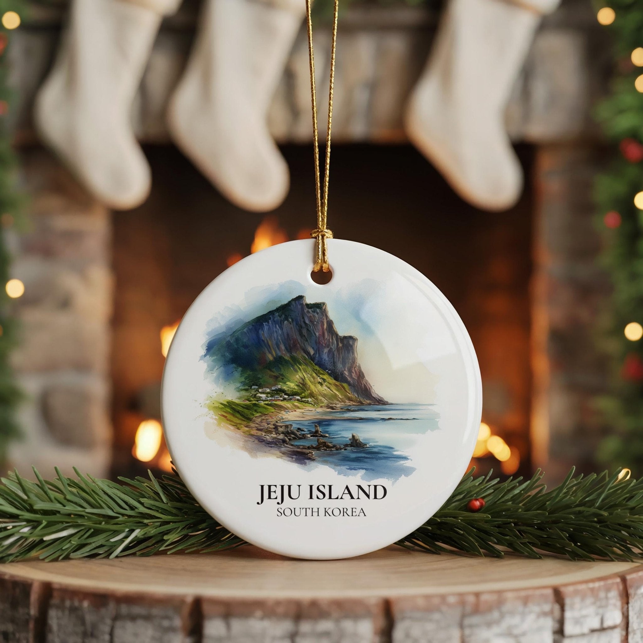 Jeju Island South Korea Personalized Watercolor Ornament, Custom Ceramic Christmas gift, Travel Keepsake - CuteBeePix