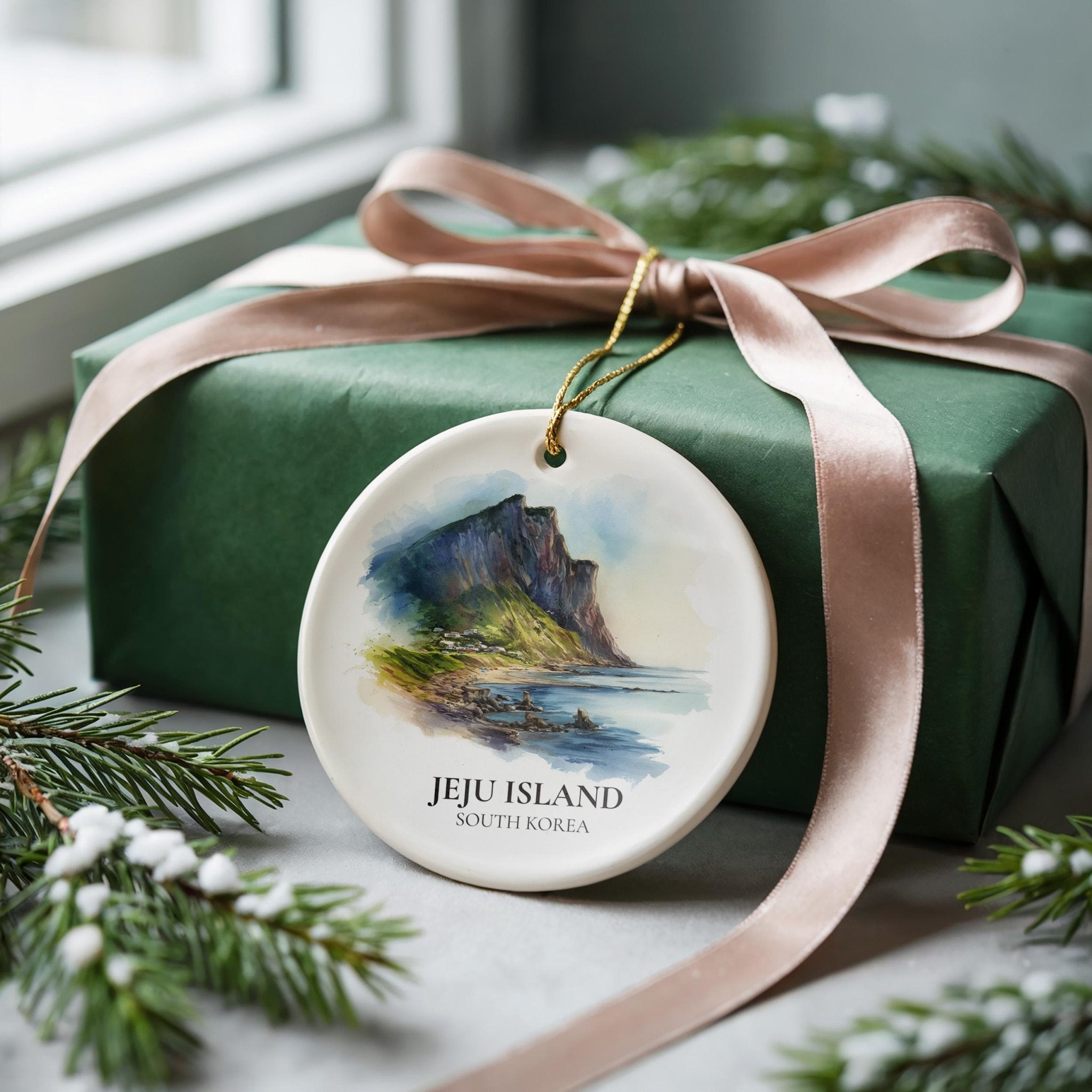 Jeju Island South Korea Personalized Watercolor Ornament, Custom Ceramic Christmas gift, Travel Keepsake - CuteBeePix