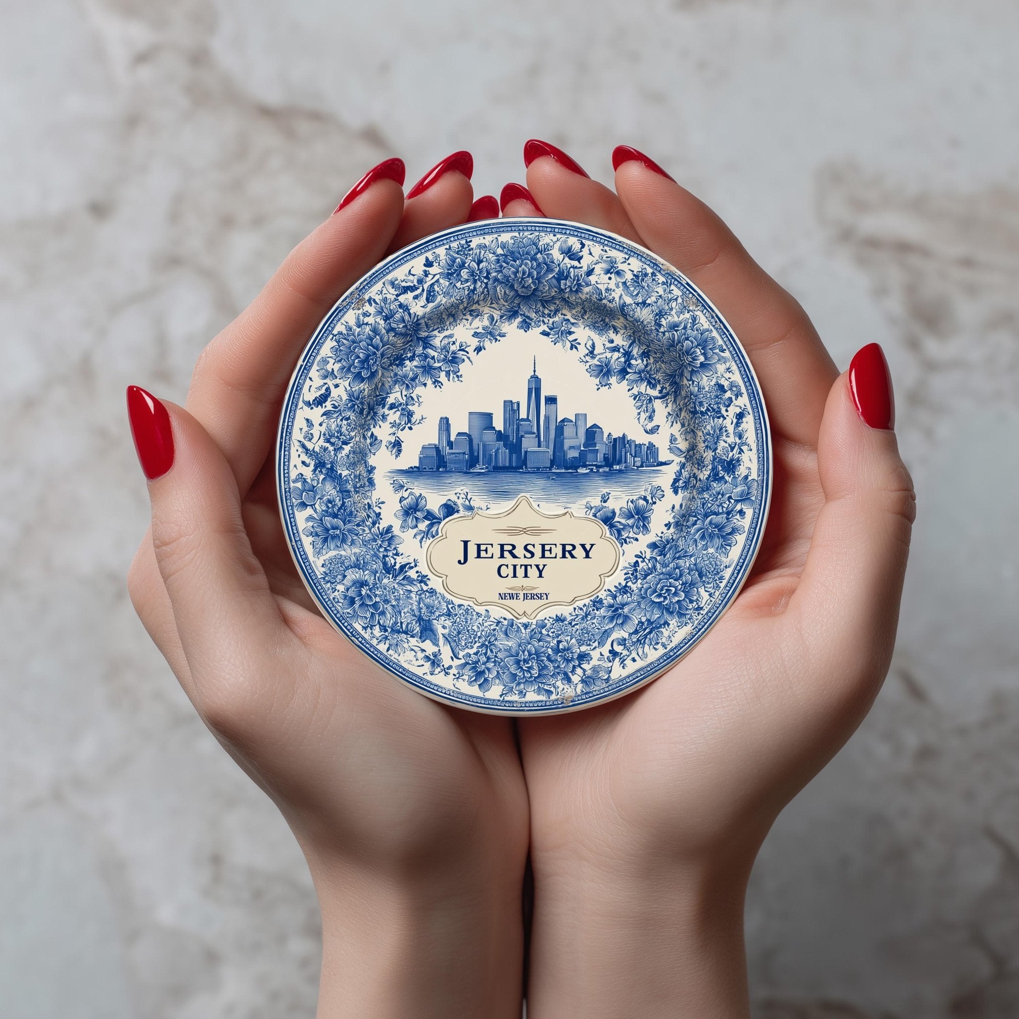 Jersey City New Jersey Delftware Ceramic Coaster, Blue White Travel Gift, Vintage Home Decor Collectible - CuteBeePix