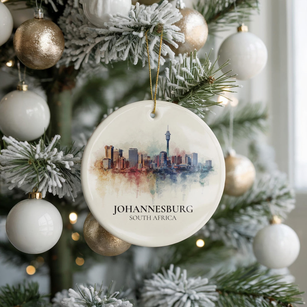 Johannesburg South Africa Personalized Watercolor Ornament, Custom Ceramic Christmas gift, Travel Keepsake - CuteBeePix