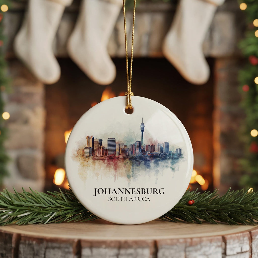Johannesburg South Africa Personalized Watercolor Ornament, Custom Ceramic Christmas gift, Travel Keepsake - CuteBeePix