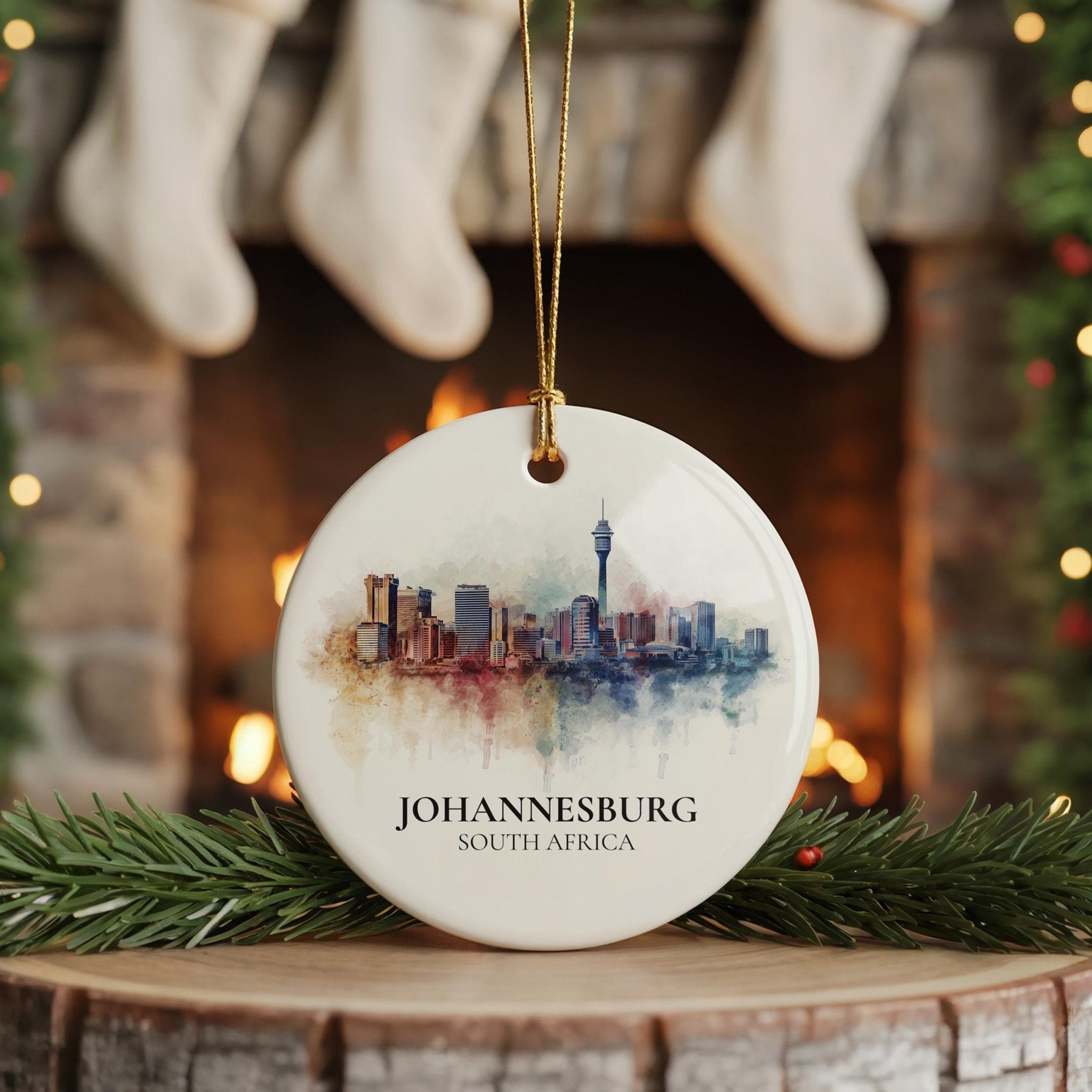 Johannesburg South Africa Personalized Watercolor Ornament, Custom Ceramic Christmas gift, Travel Keepsake - CuteBeePix