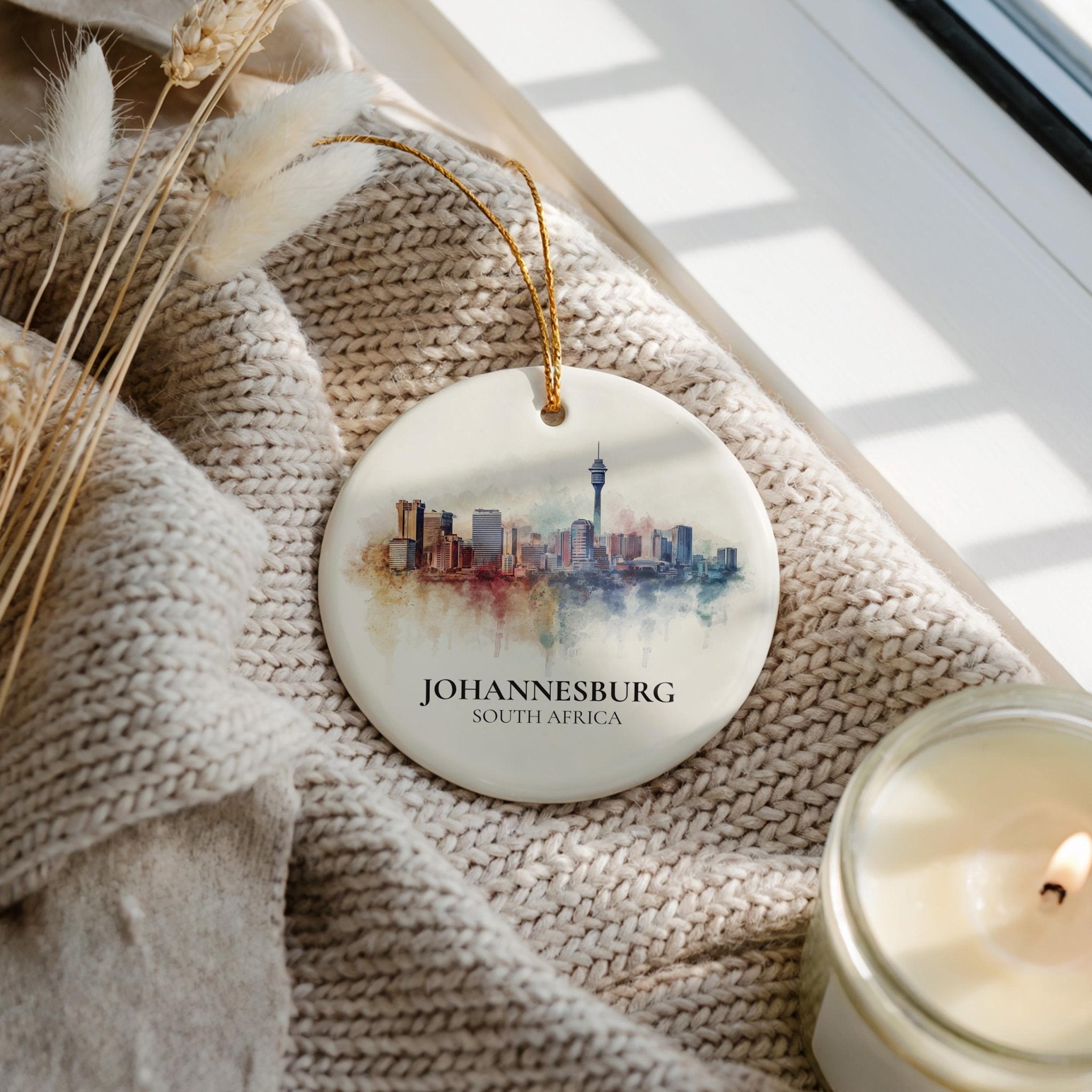 Johannesburg South Africa Personalized Watercolor Ornament, Custom Ceramic Christmas gift, Travel Keepsake - CuteBeePix