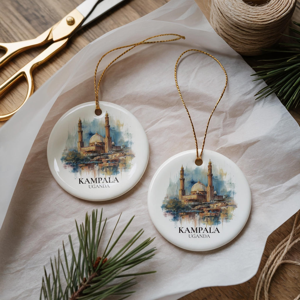 Kampala Uganda Personalized Watercolor Ornament, Custom Ceramic Christmas gift, Travel Keepsake - CuteBeePix