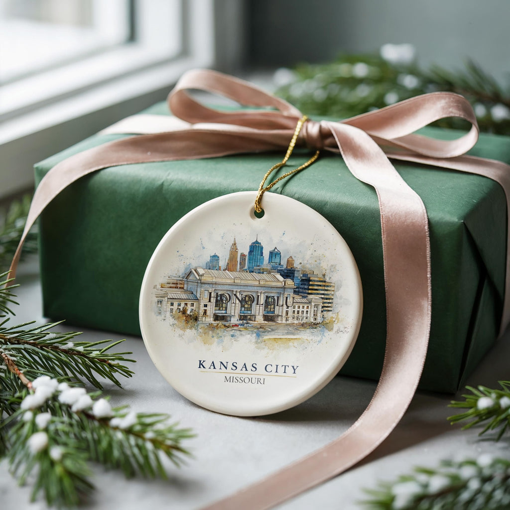 Kansas City Missouri Personalized Watercolor Ornament, Custom Ceramic Christmas gift, Travel Keepsake - CuteBeePix