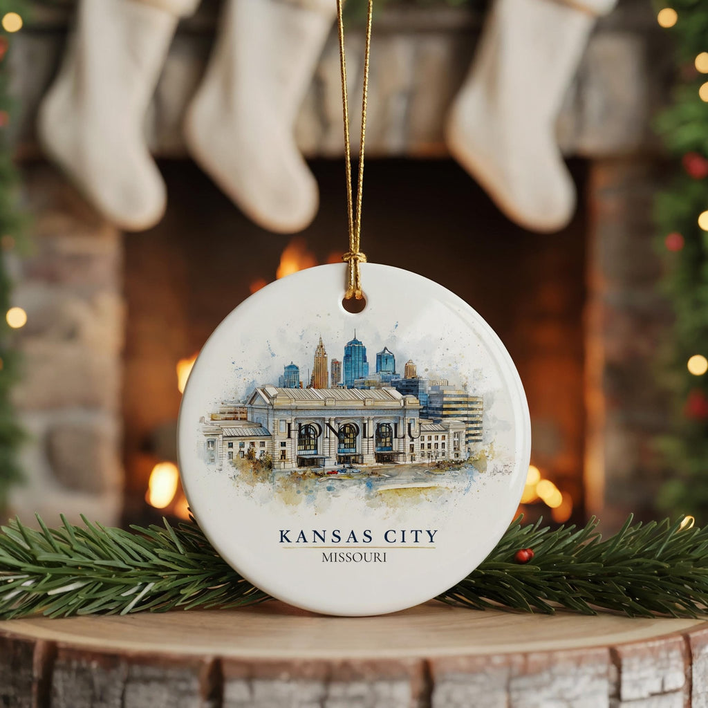 Kansas City Missouri Personalized Watercolor Ornament, Custom Ceramic Christmas gift, Travel Keepsake - CuteBeePix
