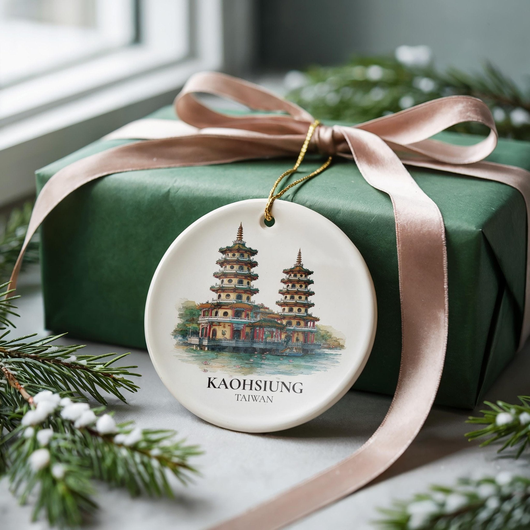 Kaohsiung Taiwan Personalized Watercolor Ornament, Custom Ceramic Christmas gift, Travel Keepsake - CuteBeePix