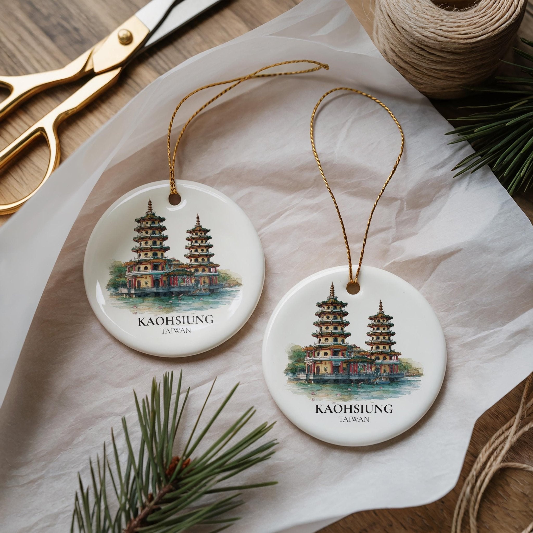 Kaohsiung Taiwan Personalized Watercolor Ornament, Custom Ceramic Christmas gift, Travel Keepsake - CuteBeePix