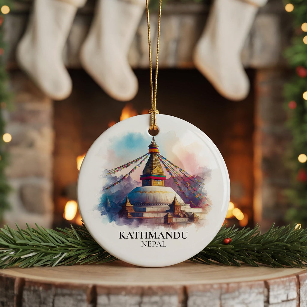 Kathmandu Nepal Personalized Watercolor Ornament, Custom Ceramic Christmas gift, Travel Keepsake - CuteBeePix