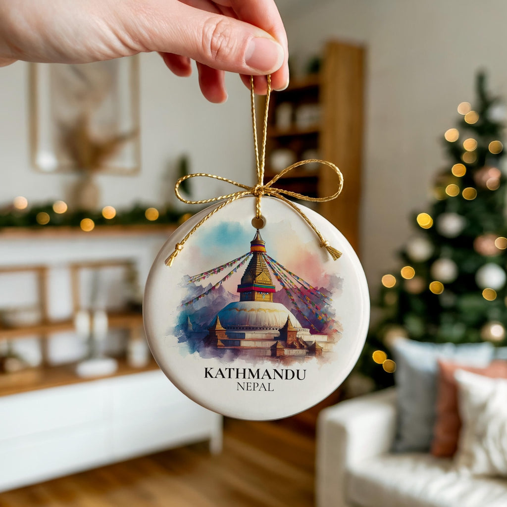 Kathmandu Nepal Personalized Watercolor Ornament, Custom Ceramic Christmas gift, Travel Keepsake - CuteBeePix