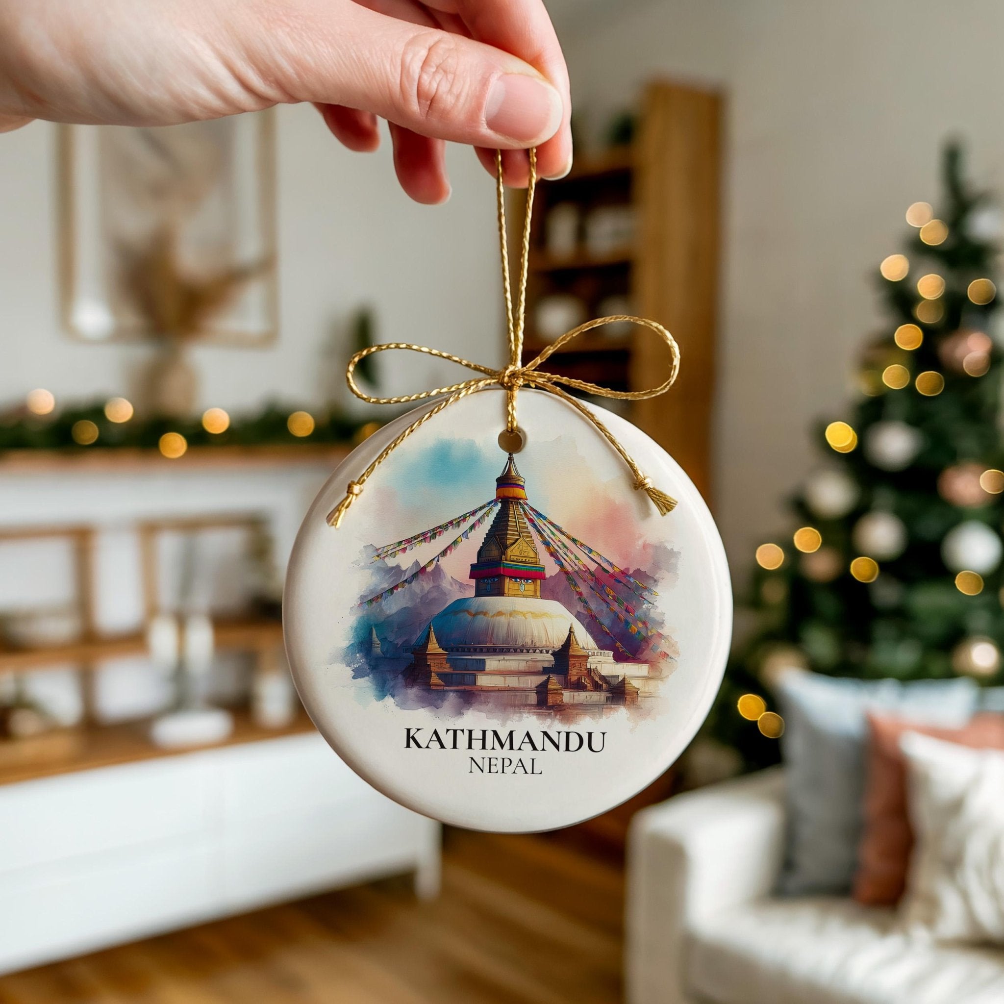 Kathmandu Nepal Personalized Watercolor Ornament, Custom Ceramic Christmas gift, Travel Keepsake - CuteBeePix