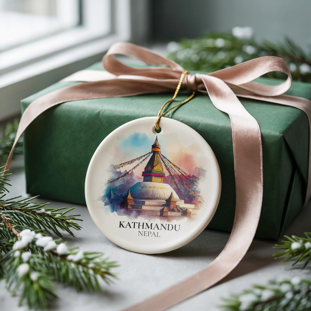 Kathmandu Nepal Personalized Watercolor Ornament, Custom Ceramic Christmas gift, Travel Keepsake - CuteBeePix