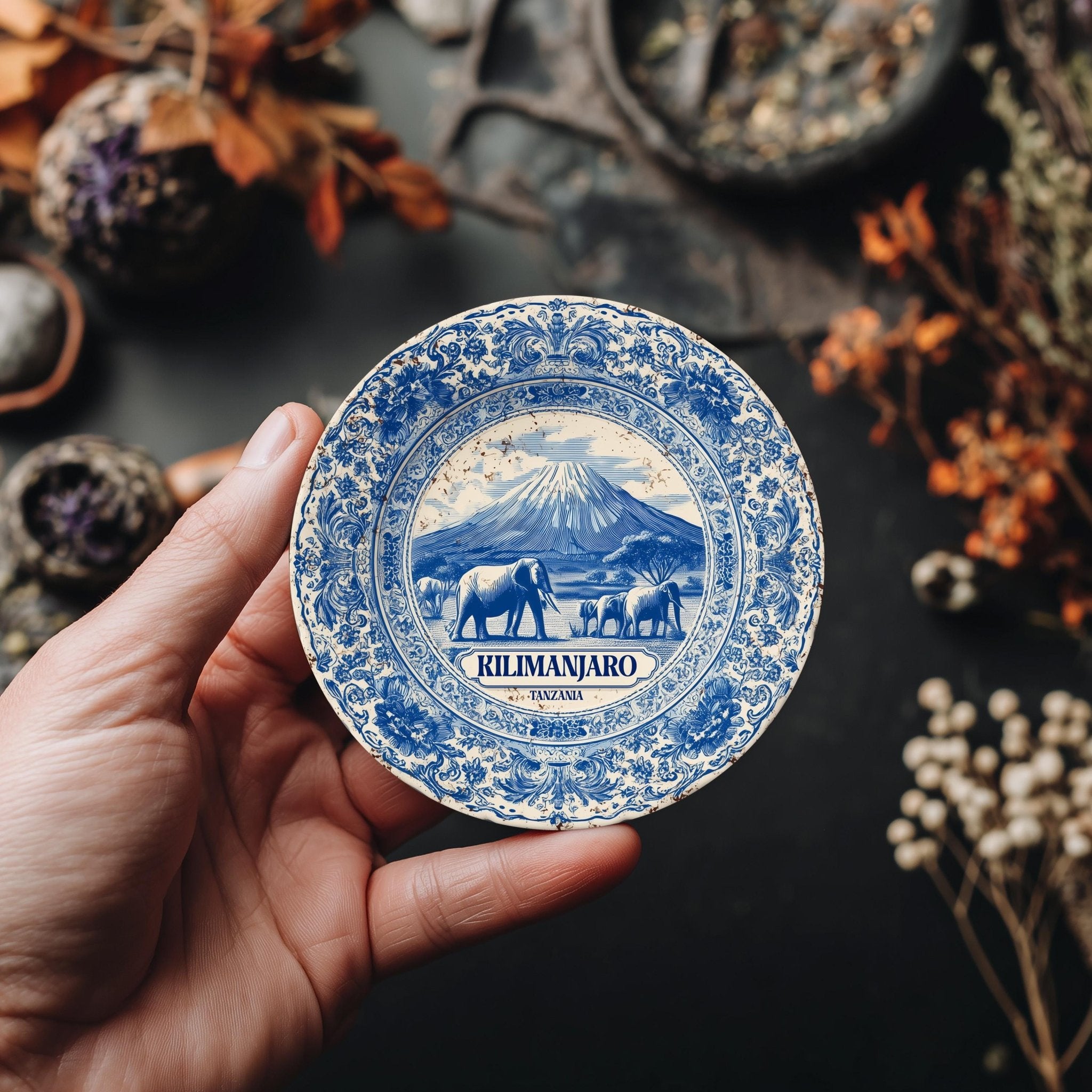 Kilimanjaro Tanzania Delftware Ceramic Coaster, Blue White Travel Gift, Vintage Home Decor Collectible - CuteBeePix