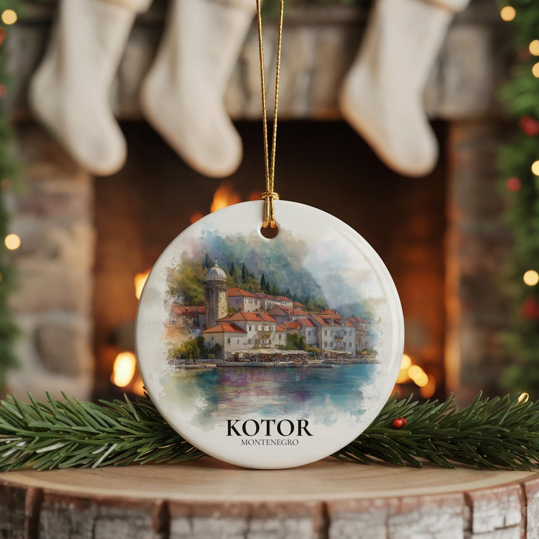 Kotor Montenegro Personalized Watercolor Ornament, Custom Ceramic Christmas gift, Travel Keepsake - CuteBeePix