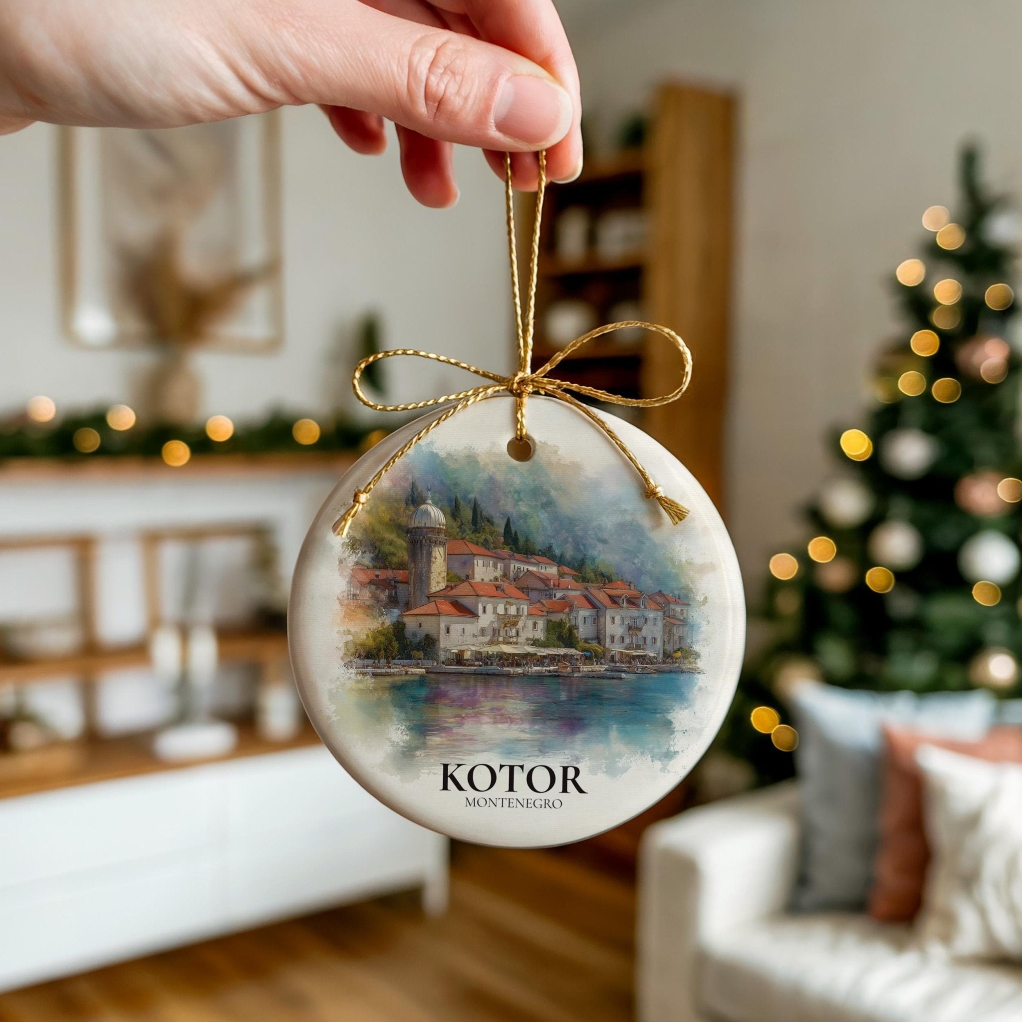 Kotor Montenegro Personalized Watercolor Ornament, Custom Ceramic Christmas gift, Travel Keepsake - CuteBeePix