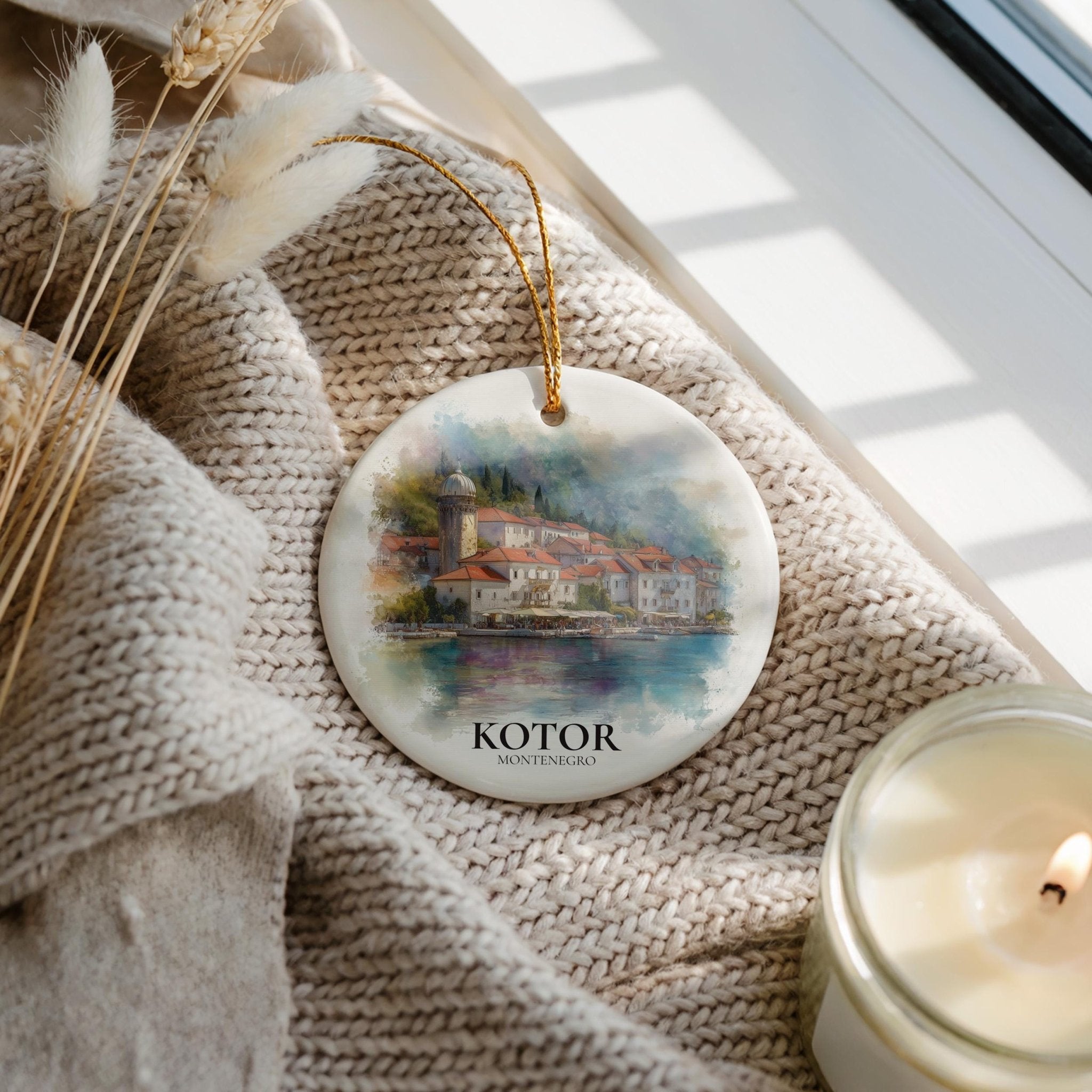 Kotor Montenegro Personalized Watercolor Ornament, Custom Ceramic Christmas gift, Travel Keepsake - CuteBeePix