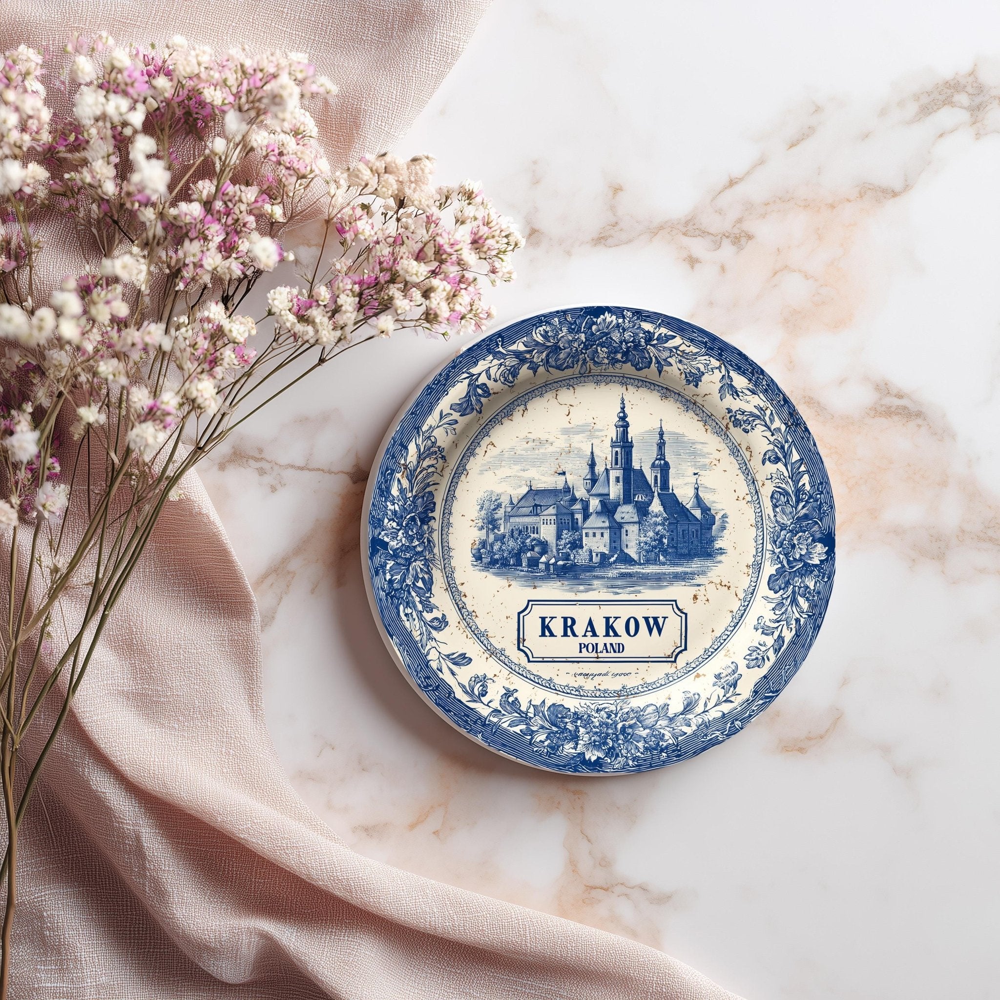 Krakow Poland Delftware Ceramic Coaster, Blue White Travel Gift, Vintage Home Decor Collectible - CuteBeePix